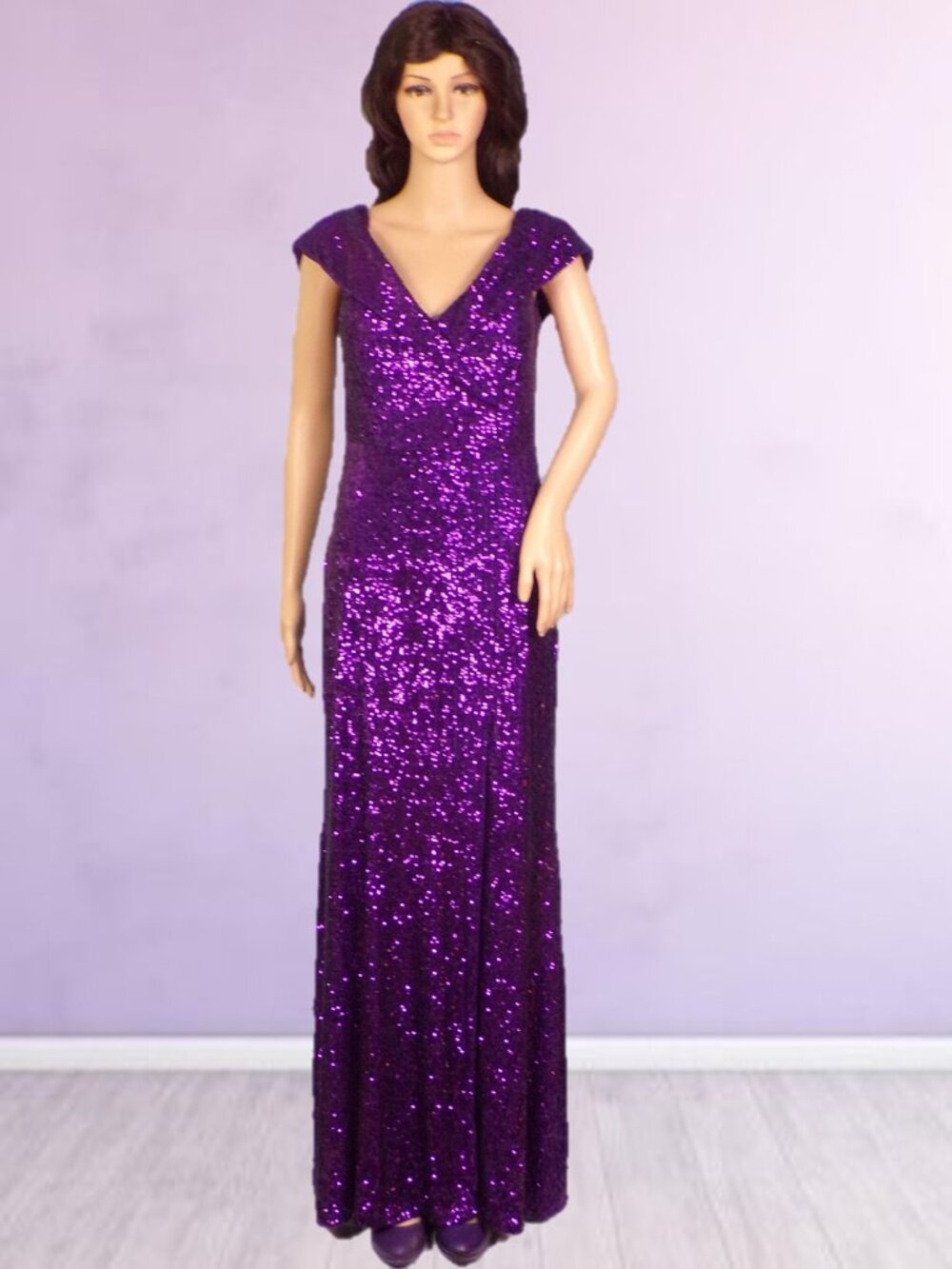 XSCAPE size 6 grape sequined full-length ball gown nylon/spandx spot clean only